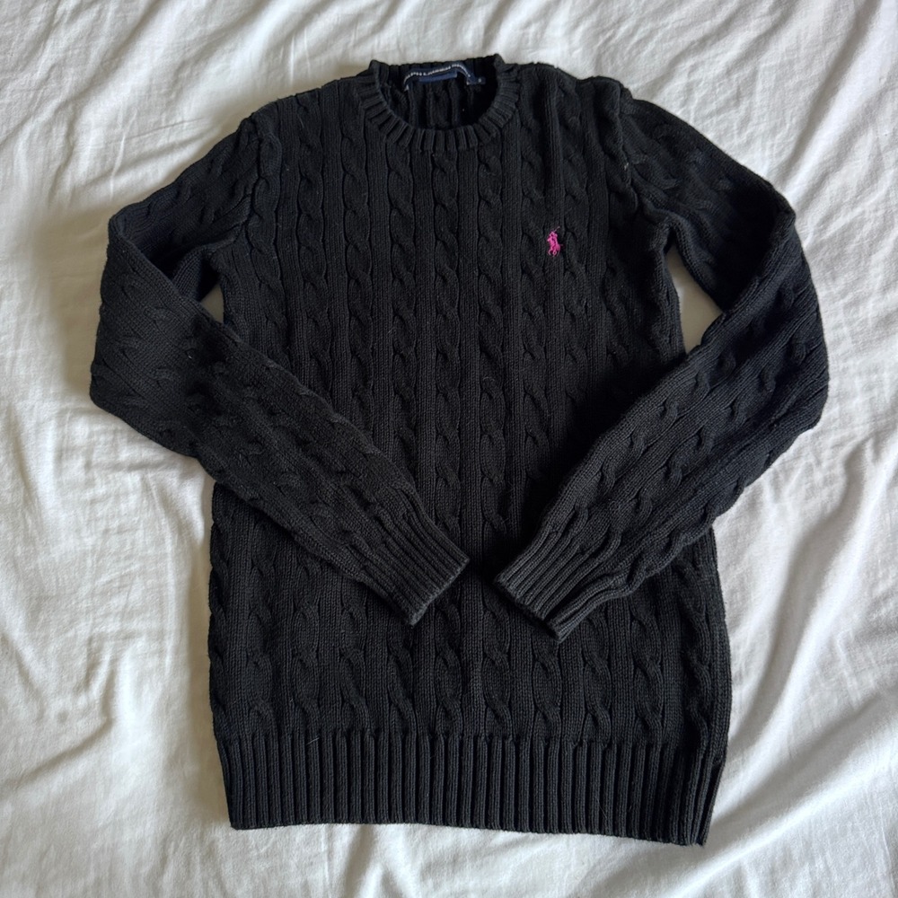 Ralph Lauren Sport Cable Knit Sweater Women S Black Solid Pink Pony Logo Cotton